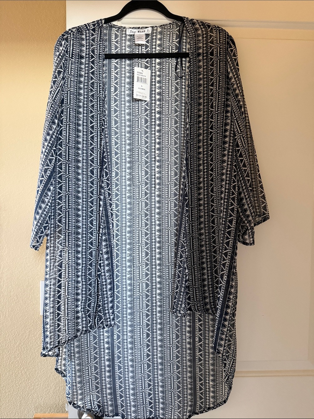 NWT Say What? Navy and White Aztec geo print high lo cover up or cardigan.
